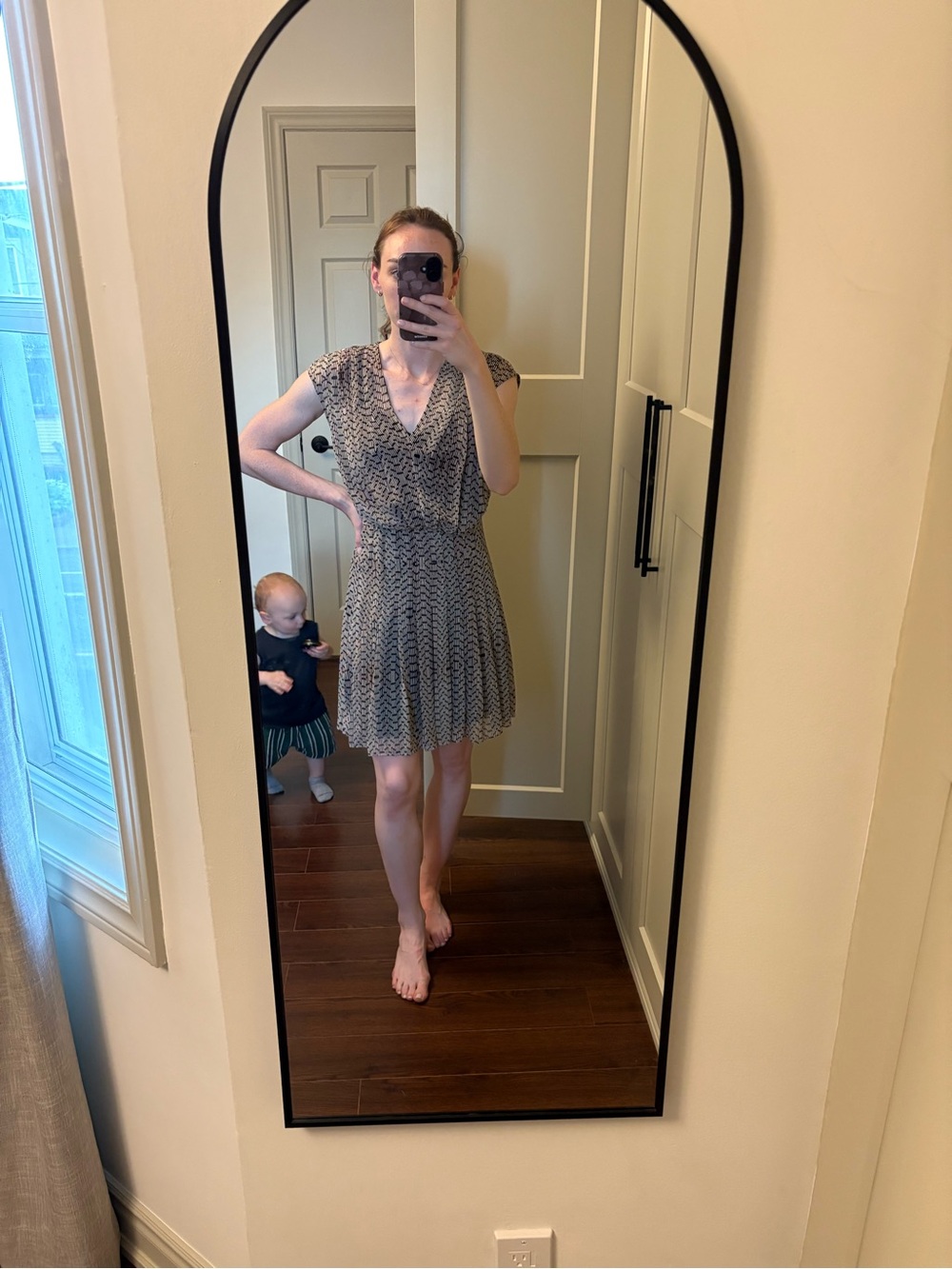 Reiss Black and Cream Geometric Print Dress